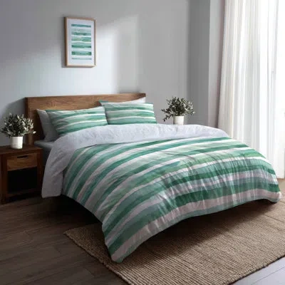 Design Art Coastal 6 Pcs Comforter Set - Green Mint Breeze Stripes Comforter Bedding Set In Green;white