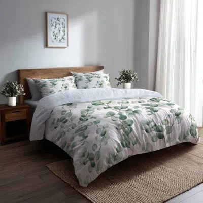 Design Art Coastal Bed Comforter Set Of 4 - Green Eucalyptus Air Bedding Set In Green;white