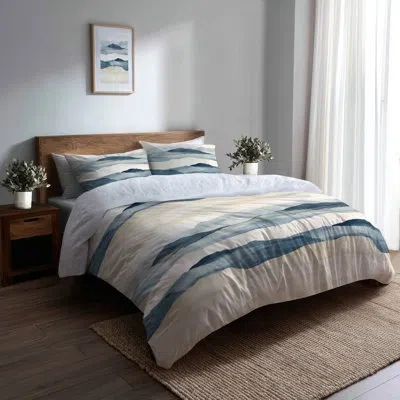 Design Art Coastal Bedding Set 3 Pcs - Abstract Shore Breeze Stripes Duvet Cover And Cushion Set In Blue;orange