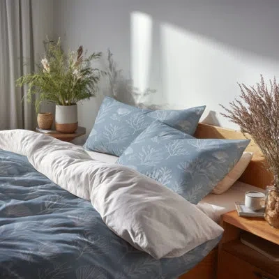 Design Art Coastal Bedding Set 4 Pcs - Abstract Coral Beach Pattern Bed Comforter Set In Blue;white