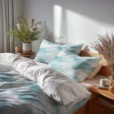 Design Art Coastal Bedding Set 4 Pcs - Abstract Shoreline Soft Bed Comforter Set In Blue;white