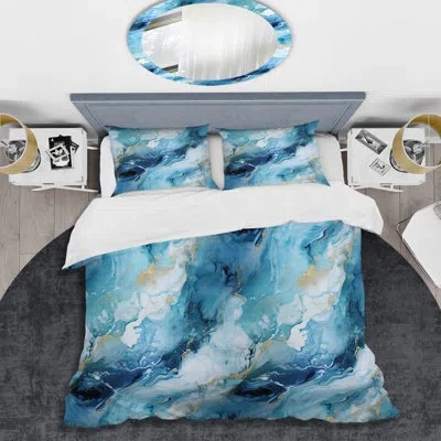 Design Art Coastal Blue Elegant Marble Shore Bedding In Blue;gold