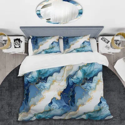 Design Art Coastal Blue Elegant Marble Shore Ii Bedding In Blue;gold