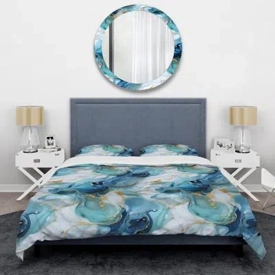 Design Art Coastal Blue Elegant Marble Shore Iii Bedding In Blue;gold