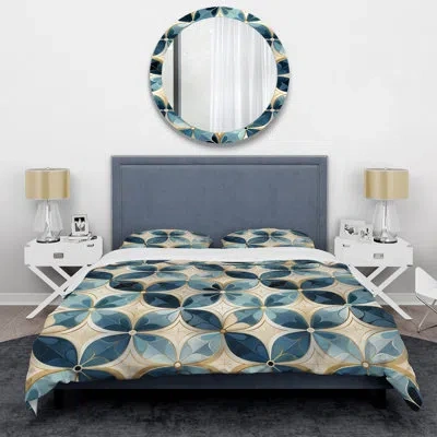 Design Art Coastal Blue Tiles Geometric I Blue/gold Microfiber Duvet Cover Set In Blue;gold