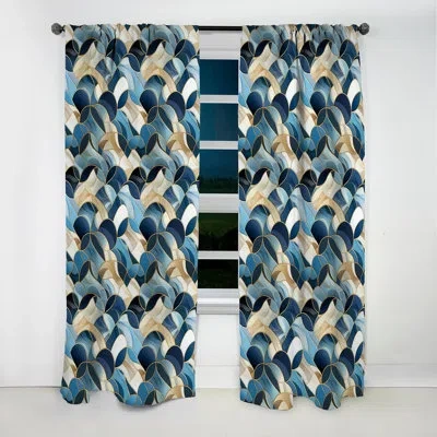 Design Art Coastal Blue Tiles Geometric Ii - Abstract Curtain - Blackout Geometric Curtain - 1 Panels In Blue;gold