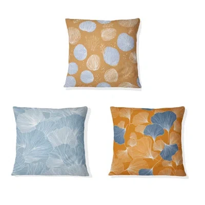 Design Art Coastal Decorative Cushion Set Of 3 - Beachy Shellfish Abstract Printed Throw Pillow In Orange;blue
