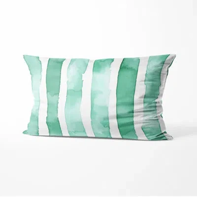 Design Art Coastal Decorative Throw Pillow - Green Mint Breeze Stripes Printed Cushion In White;green