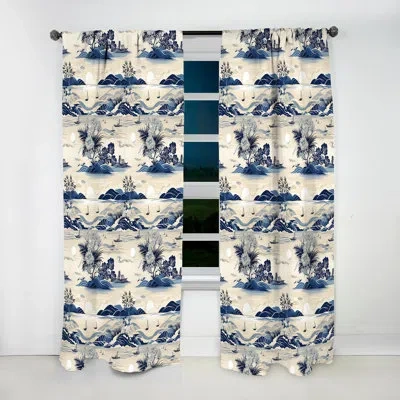 Design Art Coastal Landscape Minimal In Blue I - Bohemian Curtain - Velvet Room Darkening - 1 Panel In Blue;white