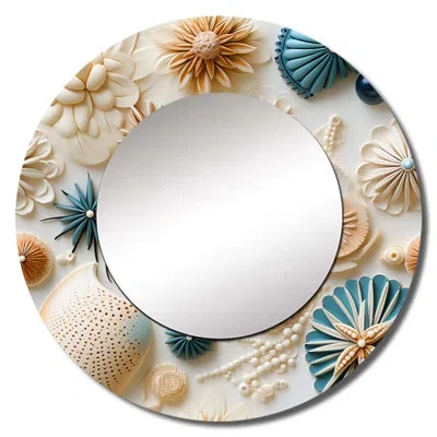 Design Art Coastal Neutrals Boho Collage - Coastal Decorative Mirror, Blue Round Wall Mirror, Printed Metal Art In Blue;white