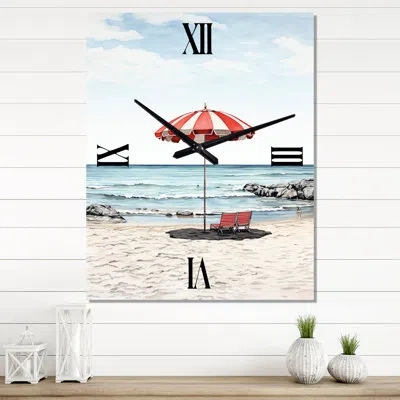 Design Art Coastal Red Beach Umbrella Ii - Nautical & Beach Wall Clock In White;red
