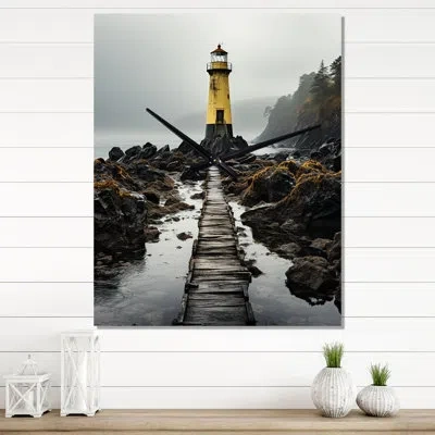 Design Art Coastal Sky Misty Horizon Iii - Cityscapes Wall Clock Oversized In Gray;yellow