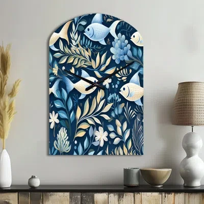 Design Art Coastal Tranquility Seaside Fish Pattern - Coastal Asymmetrical Metal Wall Clock, Blue Arch Wall Clo In Blue;white