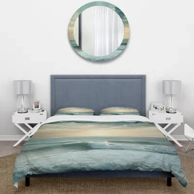 Design Art Coastal Waves Scenery View - Coastal Duvet Cover Set - Microfiber Polyester In Green