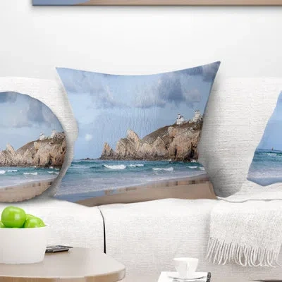 Design Art Coastline With Lighthouse Panorama - Sea & Shore Printed Throw Pillow In Green