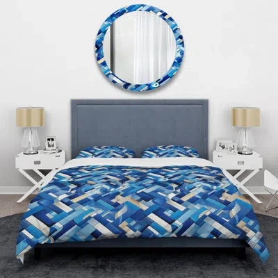 Design Art Cobalt Blue And White Grid Geometric Iii Duvet Cover Set In Blue;white