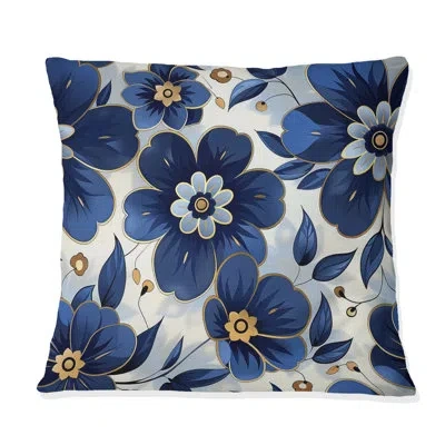 Design Art Cobalt Blue Floral Transitional Vii - Transitional Throw Pillow In Blue;white