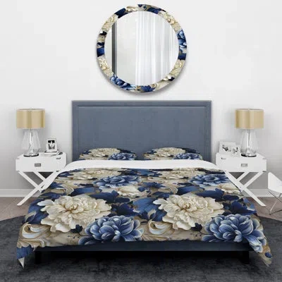 Design Art Cobalt Blue Foliage Victorian Pattern Iii - Abstract Comforter Bedding Set In Blue;beige