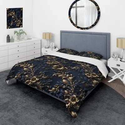 Design Art Cobalt Blue Gilded Frames Victorian Pattern Duvet Cover Set In Dark Blue