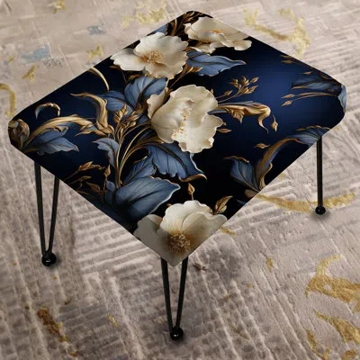 Design Art Cobalt Blue Gilded Frames Victorian Pattern Iii - Floral Rectangle Ottoman In Blue;black