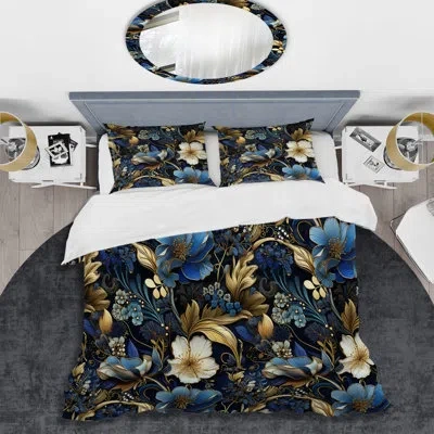 Design Art Cobalt Blue Nouveau Vines Victorian Pattern V - Floral Duvet Cover Set - Microfiber Polyester