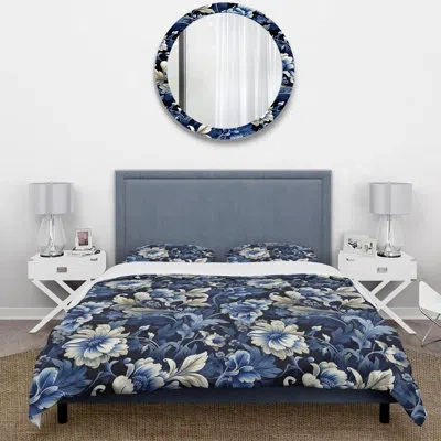 Design Art Cobalt Blue Ornate Corners Victorian Pattern Duvet Cover Set