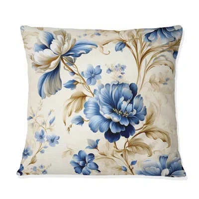 Design Art Cobalt Blue Ornate Corners Victorian Pattern I - Floral Printed Throw Pillow In Blue;beige