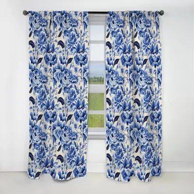 Design Art Cobalt Fretwork Victorian Pattern I - Damask Curtain - Blackout Damask Curtain - 1 Panels In Blue