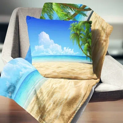Design Art Coconut Palms Bent Into Beach Seashore Square Pillow Cover & Insert In Blue