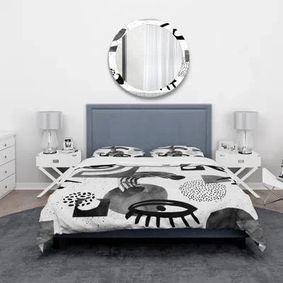 Design Art Collage Of Eyes & Doodles In Contemporary Style Ii - Modern Duvet Cover Set - Microfiber Polyester In Black,gray