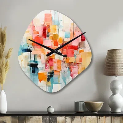 Design Art Collage Rhythms I - Abstract Collages Irregular Shape Metal Wall Clock, Modern Asymmetrical Wall Clo In Orange