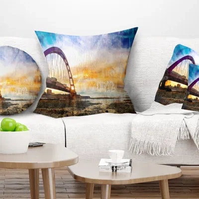 Design Art Color Red Bridge Sunset Taiwan - Sea & Shore Printed Pillow