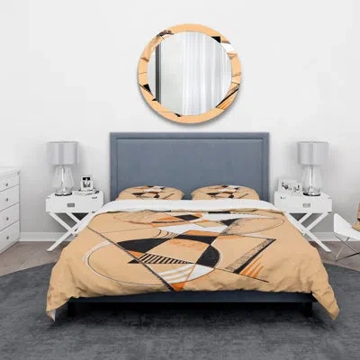 Design Art Colored Geometric Abstract Compositions V - Modern Duvet Cover Set - Microfiber Polyester In Beige,black