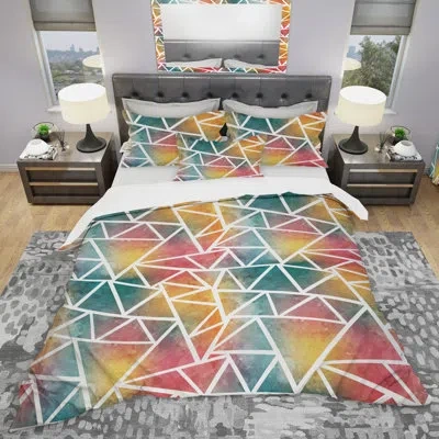Design Art Colored Triangle Pattern With Grunge Effect - Modern Duvet Cover Set - Microfiber Polyester In Yellow;gold