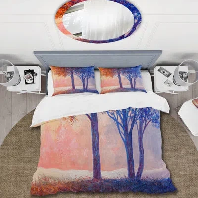 Design Art Colorful Autumn Forest Beautiful River - Lake House Duvet Cover Set - Microfiber Polyester In Blue,pink