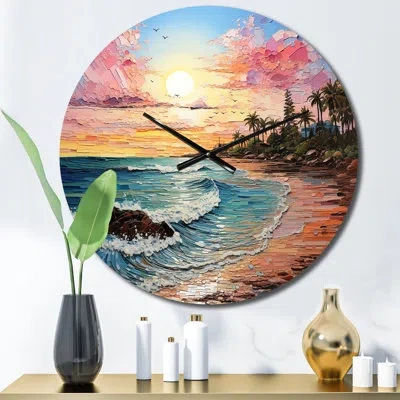 Design Art Colorful Beach Landscape I - Nautical & Beach Wall Clock In Blue;pink;orange