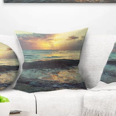 Design Art Colorful Bluish Waters At Sunset - Sea & Shore Printed Pillow In Blue;yellow