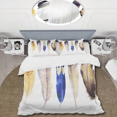 Design Art Colorful Boho Feather Set I - Bohemian & Eclectic Duvet Cover Set - Microfiber Polyester In Blue,yellow,white;blue,yellow,white