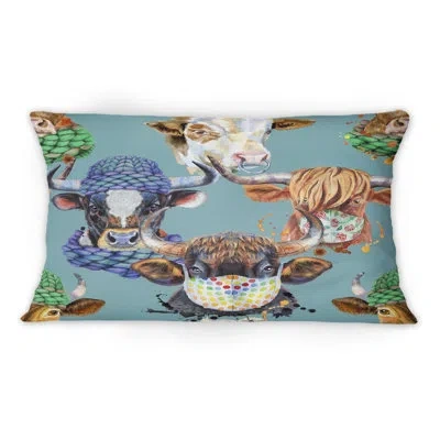 Design Art Colorful Bulls On Blue - Patterned Printed Throw Pillow 1