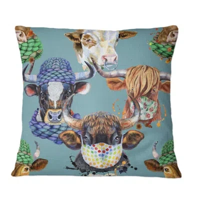 Design Art Colorful Bulls On Blue - Patterned Printed Throw Pillow In Blue;black;brown;green;red;yellow