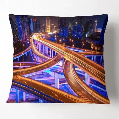 Design Art Colorful City Overpass At Night - Cityscape Printed Pillow In Blue;black;brown;green;red;yellow