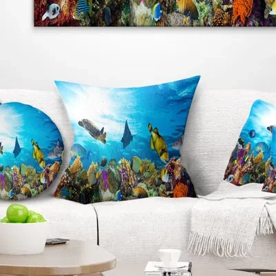 Design Art Colorful Coral Reef With Fishes - Sea & Shore Printed Throw Pillow In Blue