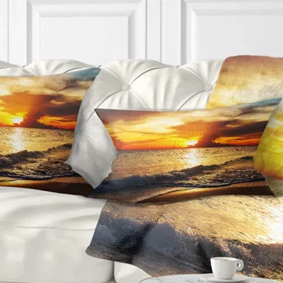 Design Art Colorful Dramatic Sunset Over Waves - Sea & Shore Printed Pillow In Blue;black;brown;green;red;yellow