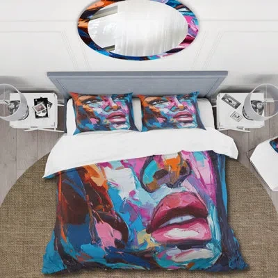 Design Art Colorful Fantasy Portrait Of A Young Woman Iii - Modern Duvet Cover Set - Microfiber Polyester In Pink,navy