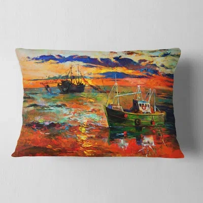 Design Art Colorful Fishing Ships - Sea & Shore Printed Throw Pillow In Green