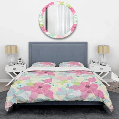 Design Art Colorful Flower On Cream - Cabin & Lodge Duvet Cover Set In Green,pink