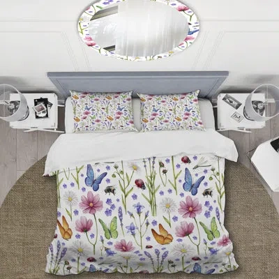 Design Art Colorful Flowers Amd Insects - Cabin & Lodge Duvet Cover Set In Pink,purple,white