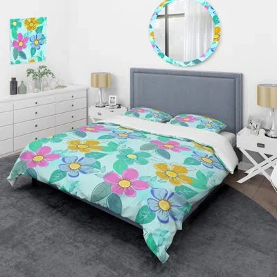 Design Art Colorful Flowers And Leaf - Floral Duvet Cover Set - Microfiber Polyester In Blue,pink,yellow