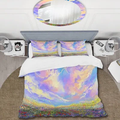 Design Art Colorful Flowers In Field Under Gorgeous Clouds - Traditional Duvet Cover Set - Microfiber Polyester In Purple,blue