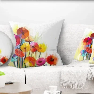 Design Art Colorful Gerbera Flowers Watercolor - Floral Printed Throw Pillow In White